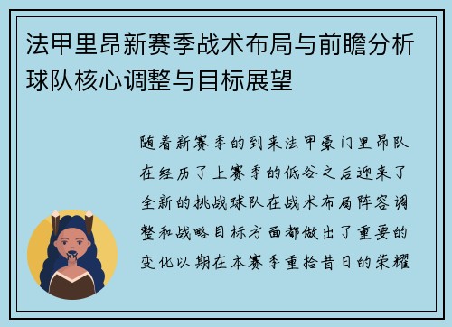 法甲里昂新赛季战术布局与前瞻分析球队核心调整与目标展望