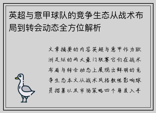 英超与意甲球队的竞争生态从战术布局到转会动态全方位解析